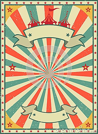 Old shabby American circus billboard in retro style. Vintage advertising poster with rays and aged background and ribbon Vector Illustration