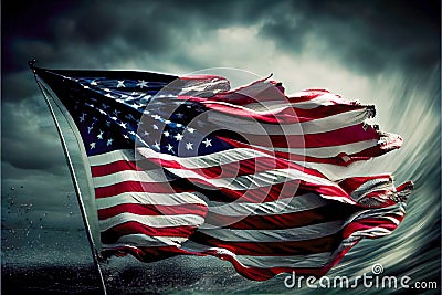 old shabby american flag fluttering in the wind. abstraction. Generative AI Stock Photo