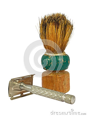 Old shaving brush and razor Stock Photo