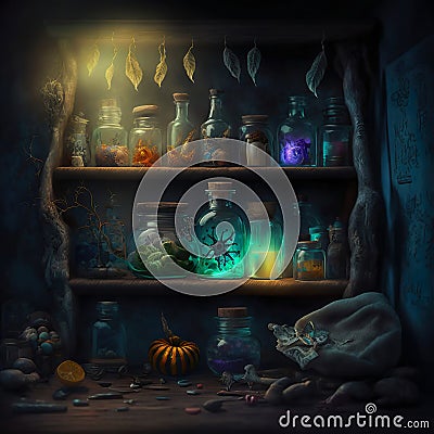 An old shelf with magic objects, potions and dried herbs. Created with Generative AI Stock Photo