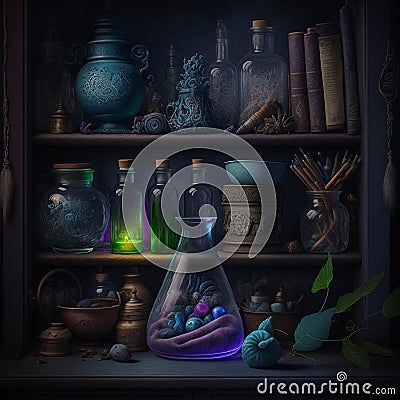 An old shelf with magic objects, potions and some magical books on it. Created with Generative AI Cartoon Illustration