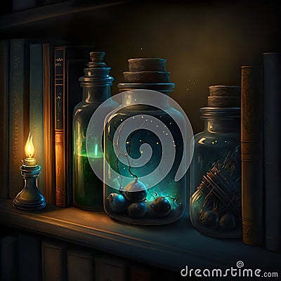 An old shelf with magic objects, potions, some magical books and a lit candle on it . Created with Generative AI Cartoon Illustration