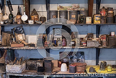 Old Shelves and Arts and Crafts Materials Editorial Stock Photo