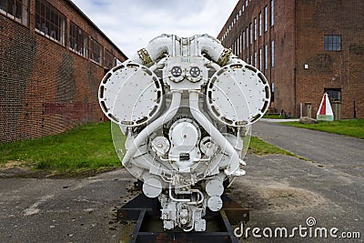 Old ship diesel engine. Territory of the Army Research Center. Editorial Stock Photo