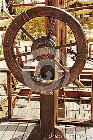 The old ship. The helm of the ship. Ship steering wheel Stock Photo