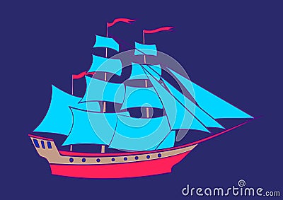 Old ship. Vector cartoon vintage sailboat illustration isolated on blue background. Toy for boy Vector Illustration