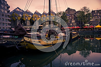 Old ships in harbor, cubic houses, Rotterdam Editorial Stock Photo