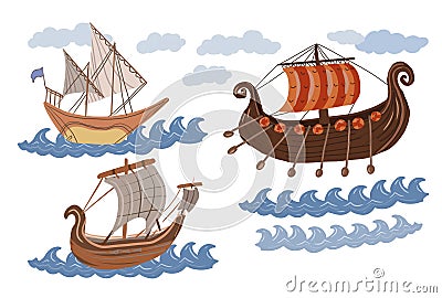 Old ships viking ship boats sails sore waves masts oars history ancient times Vector Illustration