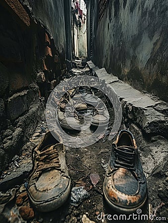 Old shoes in a narrow alley in the old city. Toned. Stock Photo