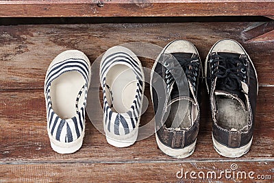 Old shoes of women and man Stock Photo