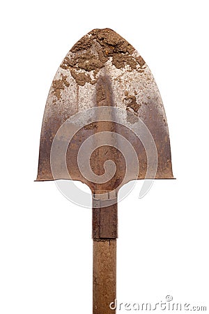 Old shovel with loam on white background Stock Photo