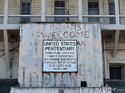 The old sign on Alcatraz Penitentiary building Stock Photo