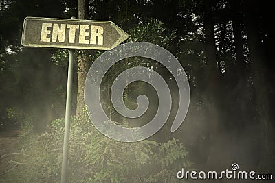 Old signboard with text enter near the sinister forest Stock Photo