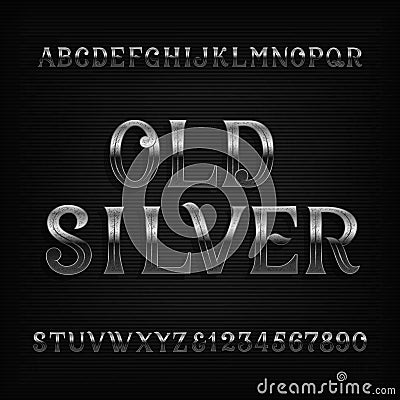 Old silver alphabet font. Vintage rusted metal letters and numbers. Vector Illustration