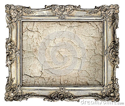 Old silver frame with empty grunge canvas with cracks Stock Photo