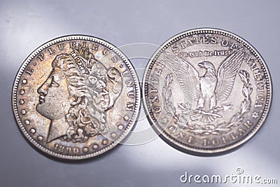 Old Silver US Coins. 1890 Morgan Dollar Stock Photo