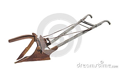 Old single blade farm plow isolated. Stock Photo