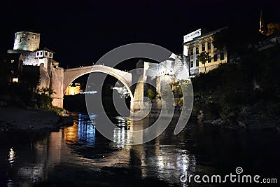 The old sixteenth century ottoman bridge in Mostar in the night Stock Photo