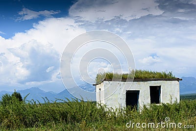 Old small abandoned and ruinous country house with plants on the roof in Russia Stock Photo