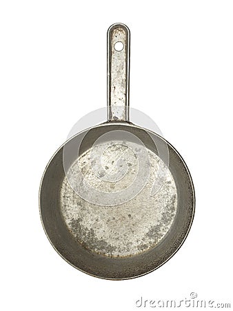 Old small aluminum alloy frying pan with handle isolated on a white background Stock Photo