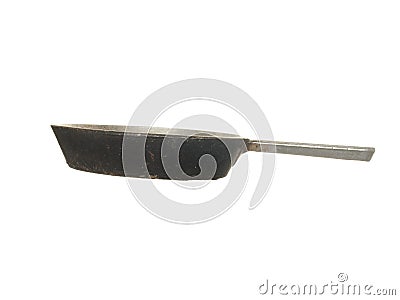 Old small aluminum alloy frying pan with handle isolated on a white background Stock Photo