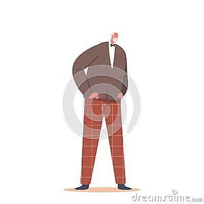 Old Smiling Man Groom, Senior Gentleman, Elderly Newlywed Character Wear Brown Trousers, Jacket and Tie Bow Isolated Vector Illustration