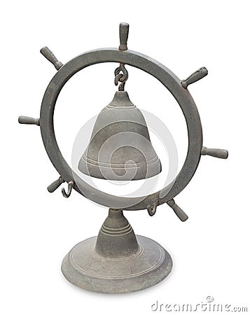 Old Solid Brass Ship Wheel Bell on White Background Stock Photo