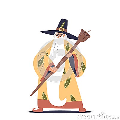 Old sorcerer man with magic staff stick wearing wizard costume tell spell. Senior bearded magician Vector Illustration