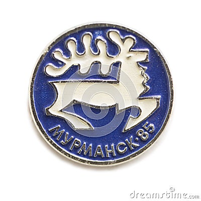 Old Soviet badge dedicated celebration of North in Russia. Written: Murmansk-85 Editorial Stock Photo