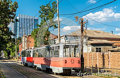Old soviet city tram in Krasnodar, Russia Stock Photo