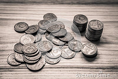 Old soviet coins on a wooden background - monochrome vintage loo Stock Photo
