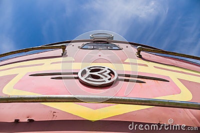 Old soviet locomotive train closeup under blue sky Editorial Stock Photo