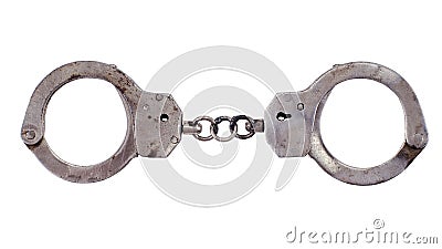 Old Soviet metal handcuffs. Stock Photo