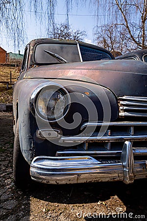 Old Soviet retro cars in the open air. Dump of a car of the Soviet era Stock Photo