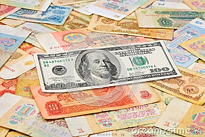Old soviet russian money and dollar Stock Photo