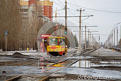 Old soviet tram model KTM-5M3 (71-605) in Volzhskij. Editorial Stock Photo