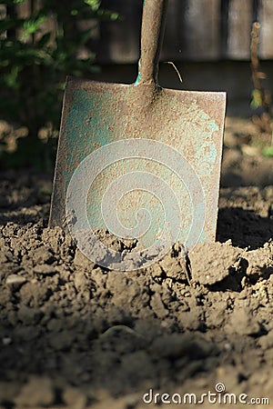 Old spade in the soil two Stock Photo