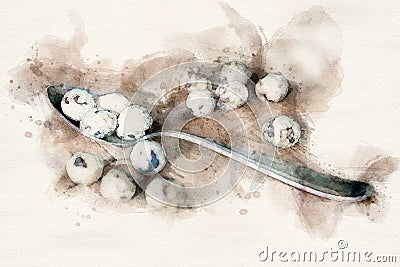 Old spoon with quail eggs on wooden table Stock Photo