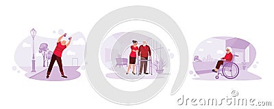 Old sportsman doing light exercise outdoors. The nurse helps a patient learn to walk with an assistive device. Cartoon Illustration