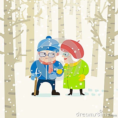 Old spouses on winter forest background. Vector illustration. Cartoon characters. Vector Illustration