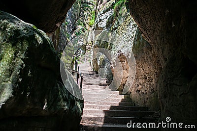 Old stairs in rock czech republic europe hiking summer sunny day Stock Photo
