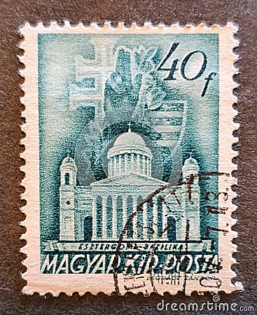Old stamp from Hungary 1943 with the image of Esztergom Basilica Editorial Stock Photo
