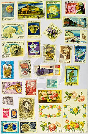 Old Stamps Collection on the White Paper Editorial Stock Photo