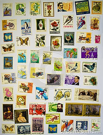 Old Stamps Collection on the White Paper Editorial Stock Photo