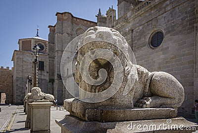 Old statue of a lion in Medieval European Town of Avila Stock Photo