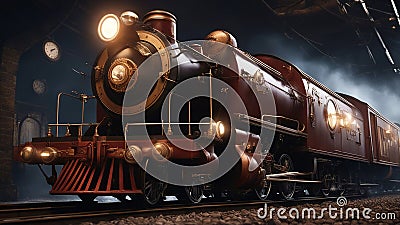 old steam locomotive A Detailed realistic Sinister and Colorful Magical Stock Photo