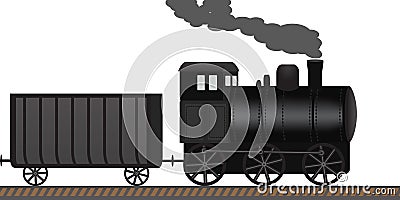 Old steam locomotive drags wagons along the railway Vector Illustration