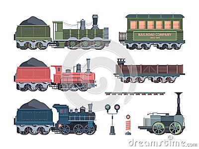 Old steam locomotives set. Comfortable green cars semaphores retro powered trains coal trailers classic rail travel with Vector Illustration