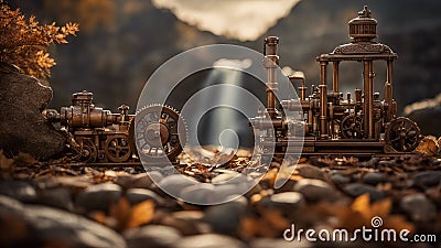 old steam Steam punk waterfall of invention, with a landscape of wooden gears and tools, Stock Photo
