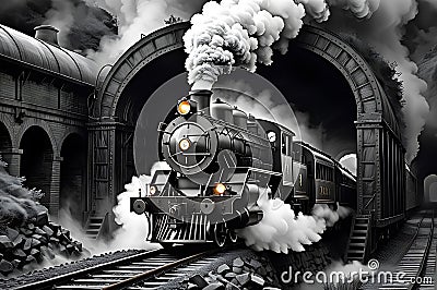 old steam train enveloped by the dimly lit, damp confines of an archaic tunnel, dense plumes of white steam Stock Photo